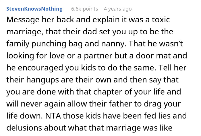 Screenshot of a Reddit comment discussing a woman accused of abandoning husband’s kids due to a toxic marriage. Screenshot of a Reddit comment discussing a woman accused of abandoning husband’s kids due to a toxic marriage.