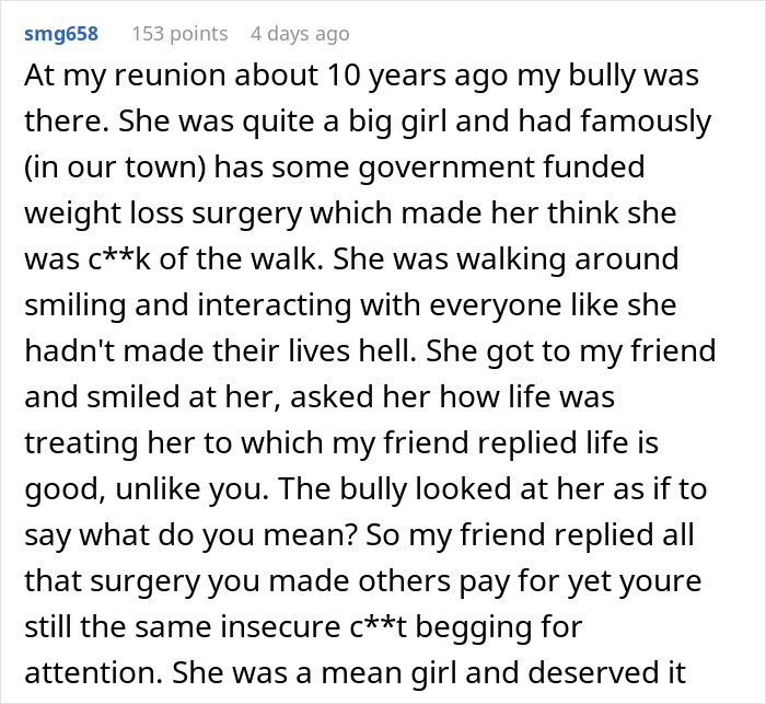 Man confidently crushes former bully&rsquo;s ego at class reunion, showing strength 25 years after bullying incident.