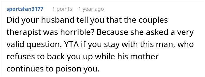 Reddit comment criticizing a husband for not supporting wife against mother-in-law purposely triggering her allergies. Reddit comment criticizing a husband for not supporting wife against mother-in-law purposely triggering her allergies.