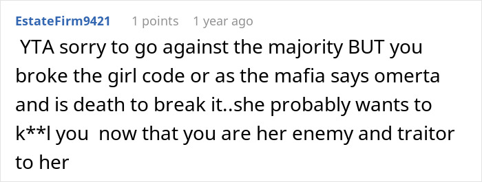 Screenshot of a Reddit comment discussing betrayal related to a friend&rsquo;s heavy secret shared before a wedding.