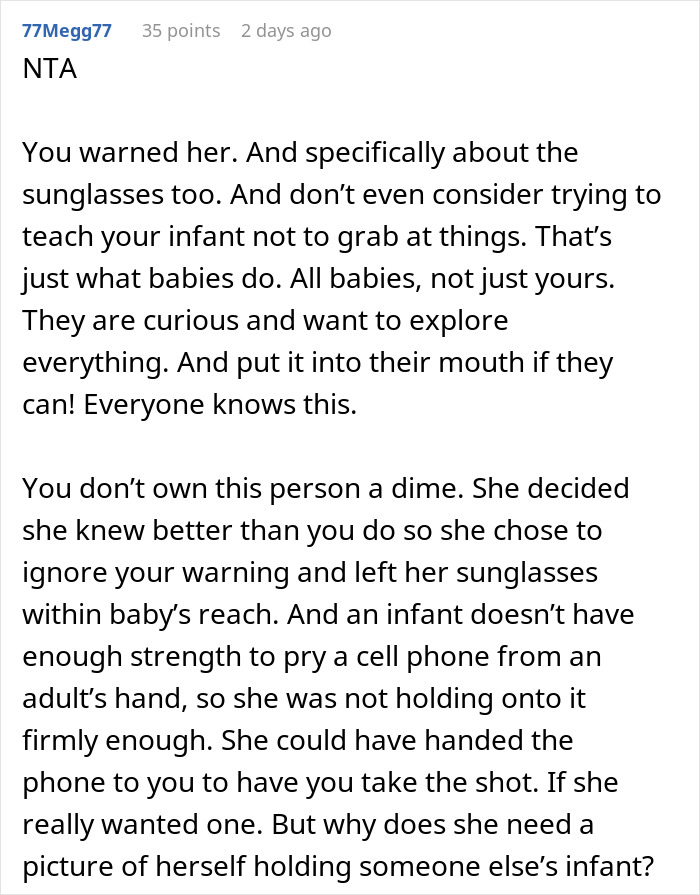 Reddit comment discussing a woman refusing to pay &pound;2,300 after baby breaks friend&rsquo;s iPhone and Gucci sunglasses.