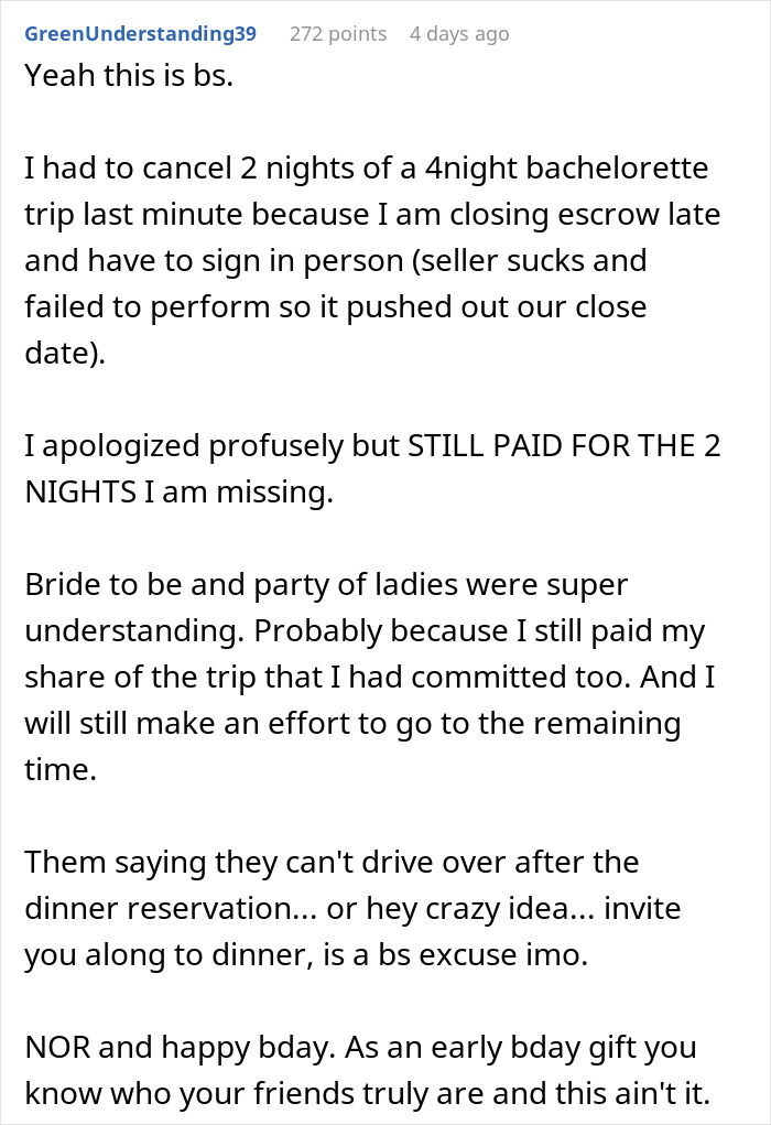 Text conversation where friend group cancels a weekend getaway and goes to dinner without the birthday girl causing hurt feelings.