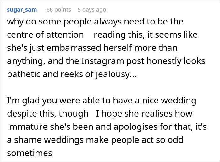 Comment about woman pretending to be bride at SIL&rsquo;s wedding, highlighting jealousy and immature behavior discussed online.