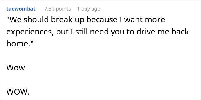 Text post about an entitled lady manipulating her boyfriend to break up while demanding free rides after the breakup.