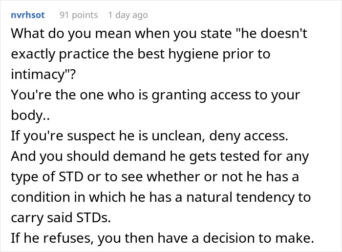 Comment discussing concerns about partner being prone to infections and the importance of refusing intimacy without testing.