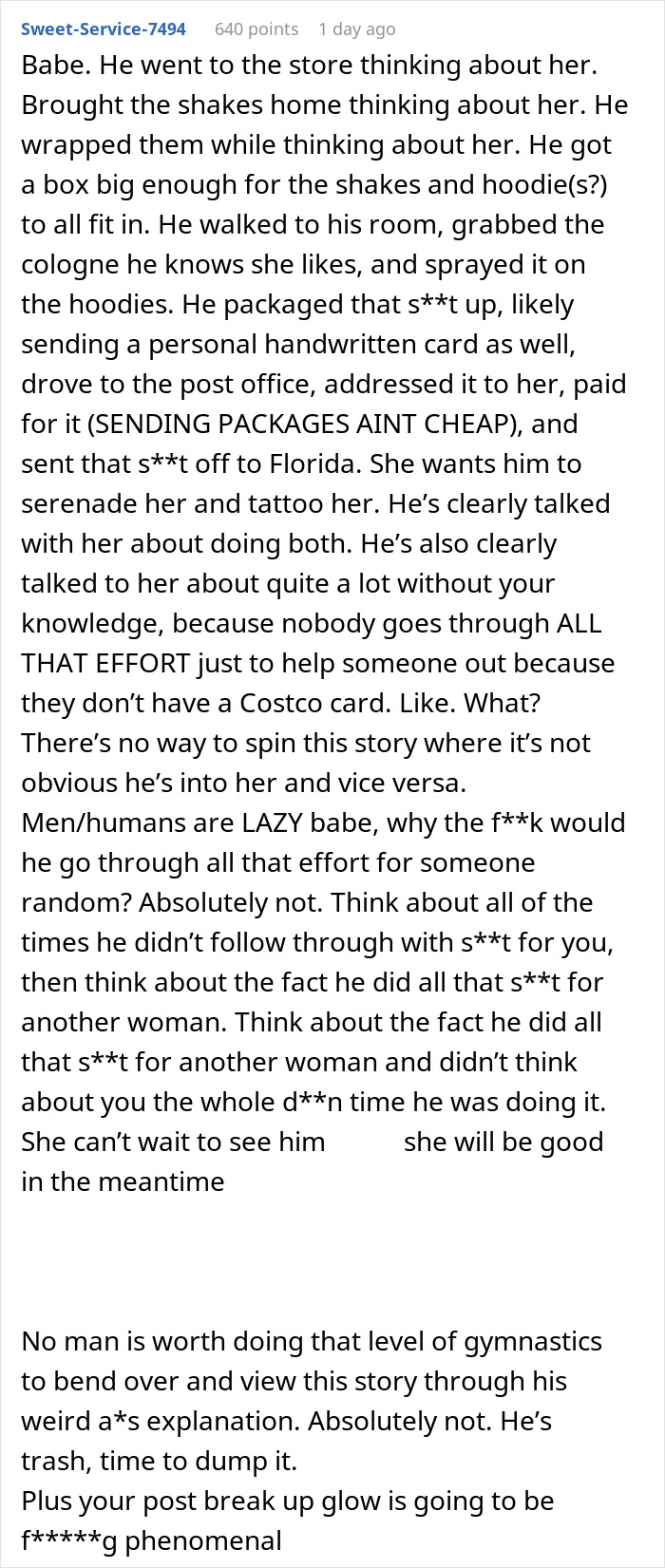 Text post analyzing a found another woman Valentine card scenario, discussing effort and relationship doubts.