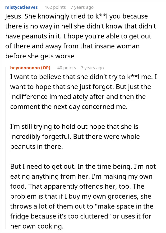 Comments discussing anaphylactic shock caused by a woman&rsquo;s mother-in-law showing zero remorse in a family conflict.