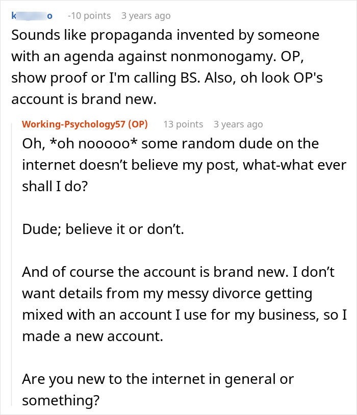Reddit conversation discussing regret after a guy comes out as poly and asks for an open marriage.