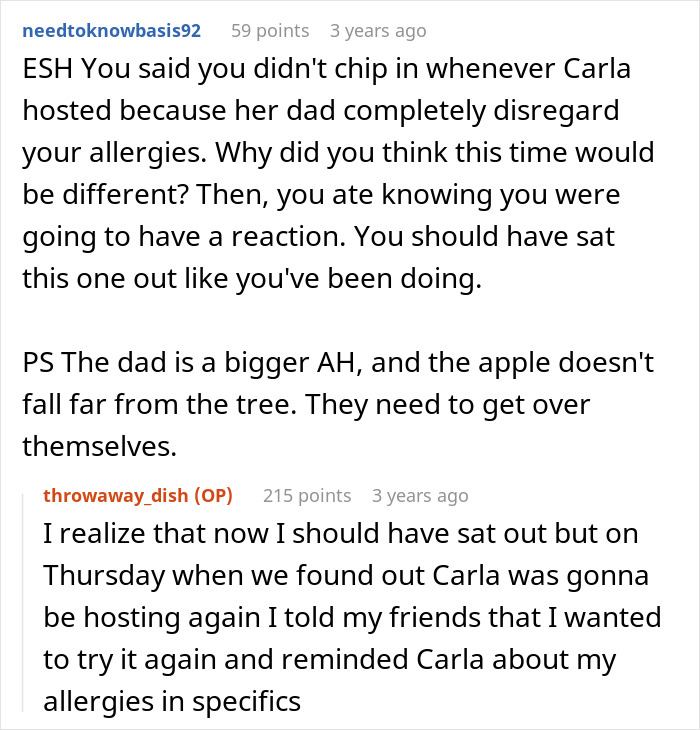 Screenshot of a Reddit conversation about a teen suffering an allergic reaction at a friend’s house and being told not to eat there again. Screenshot of a Reddit conversation about a teen suffering an allergic reaction at a friend’s house and being told not to eat there again.