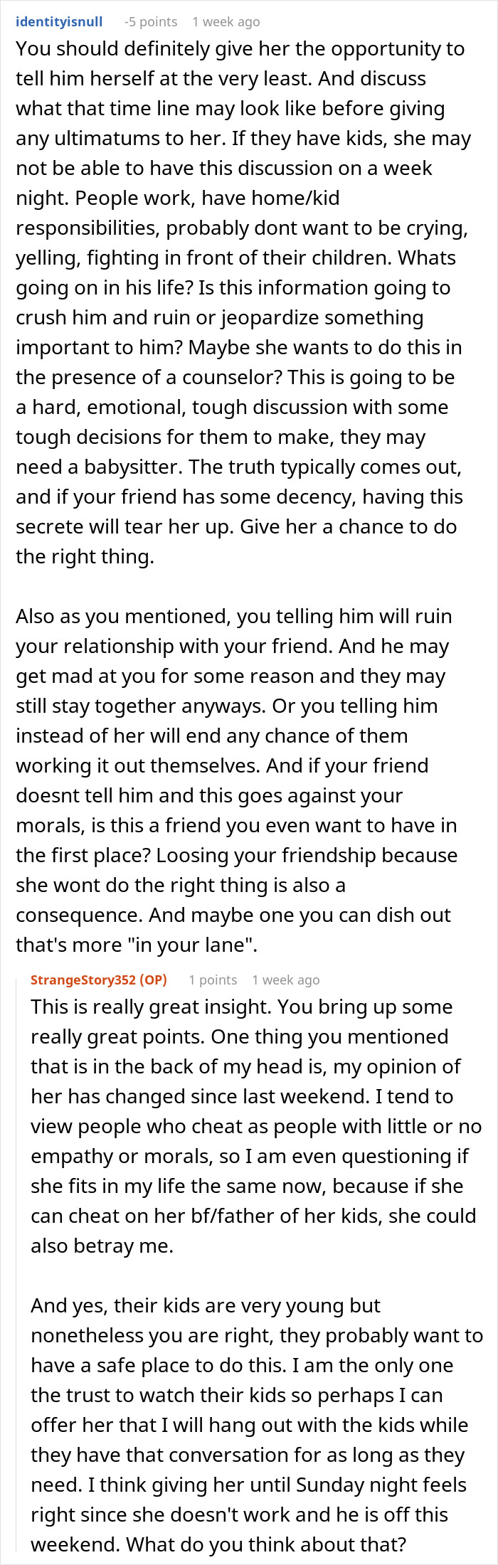 Reddit comments discussing best friend&rsquo;s affair and how to expose it to her boyfriend carefully with emotional impact.