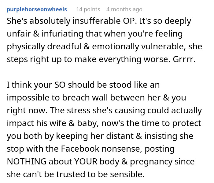 Screenshot of a comment discussing pregnancy hijacking and a mother-in-law misusing Facebook to post about the woman's body.