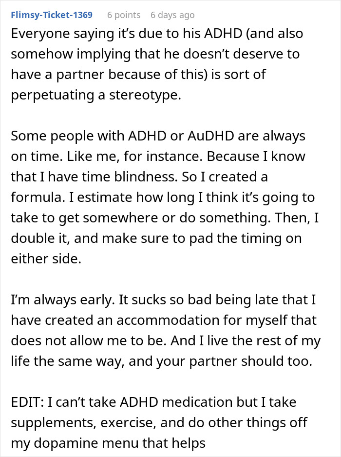 Text excerpt discussing ADHD stereotypes, time blindness, and strategies for punctuality in relationships.