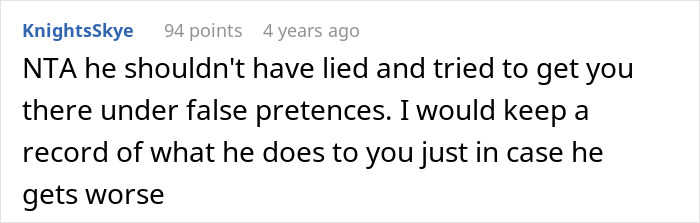 Comment advising to keep a record of a creepy coworker&rsquo;s behavior as a petty response to false pretenses.