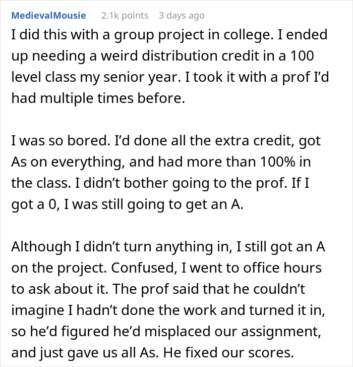 Screenshot of a Reddit post describing group project fails involving lazy teammates expecting the smart one to do everything.