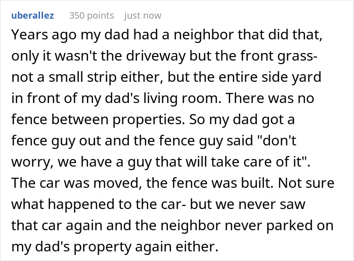 Comment text from a user sharing a story about a neighbor using driveway and resolving boundary issues with a fence.