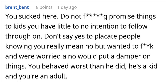Screenshot of a Reddit comment criticizing a man while his girlfriend&rsquo;s son has a meltdown about mountain biking early morning.