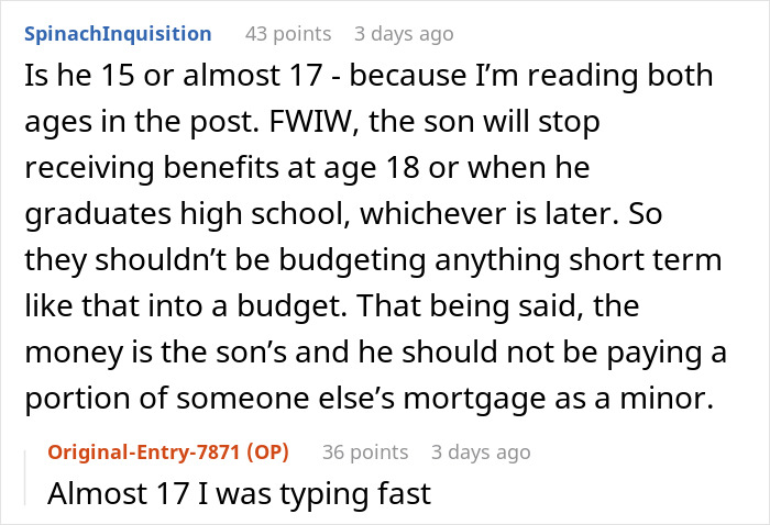 Discussion thread about woman&rsquo;s boyfriend eyeing son&rsquo;s survivor benefits causing tension over perceived greed.
