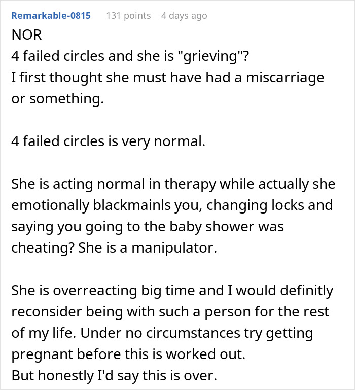 Comment discussing wife&rsquo;s reaction to husband attending sister&rsquo;s baby shower causing emotional distress and need for therapy.