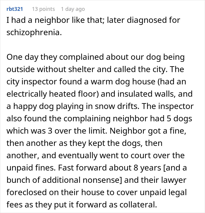 Comment excerpt describing a neighbor dispute and legal consequences involving dogs and fines over several years. Comment excerpt describing a neighbor dispute and legal consequences involving dogs and fines over several years.