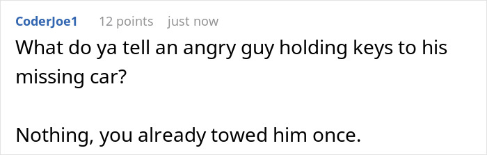 Text post showing a user joking about an angry man holding keys to his missing car after being towed once.