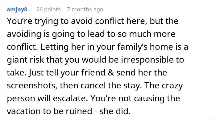 Woman considers canceling friend&rsquo;s holiday booking after harassment by brother&rsquo;s girlfriend message on screen.