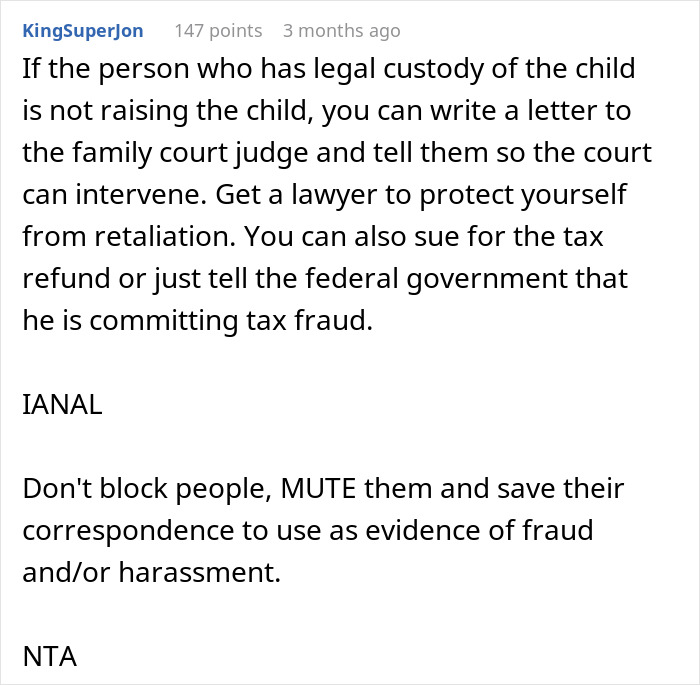 Text screenshot of online advice discussing legal custody, tax fraud claims, and protecting oneself from retaliation by muting and saving evidence.