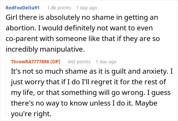 RedFoxDelta91 and ThrowRA7777888 discussing emotions and decisions after boyfriend tampers with girlfriend’s birth control. RedFoxDelta91 and ThrowRA7777888 discussing emotions and decisions after boyfriend tampers with girlfriend’s birth control.