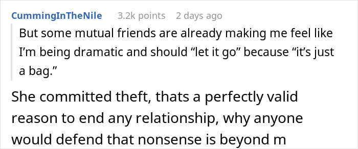 Screenshot of a Reddit comment discussing ending a 15-year friendship over a purse theft incident.