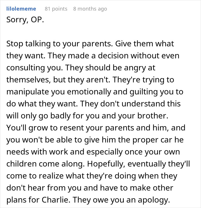 Screenshot of an online comment discussing parents expecting a son to care for his autistic brother and family conflict.