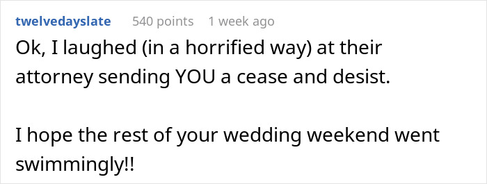 Text conversation showing someone reacting with horror and laughter about a cease and desist during a wedding weekend crisis.