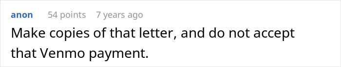 Comment advising to make copies of a letter and reject a Venmo payment after neighbor cuts down white oak trees without permission.
