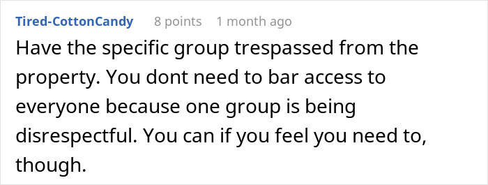 Comment discussing trespassing on private land and the owner's potential plan to block access due to dog walking rule disputes.