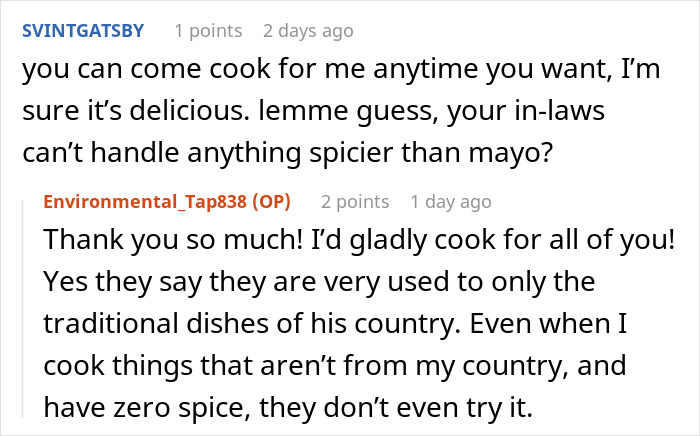 Reddit comments discussing in-laws pushing boundaries after divorce and challenges with cooking preferences.