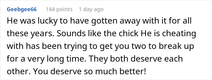 Comment discussing a cheating partner&rsquo;s long-term betrayal leading to breaking up over photograph issues.