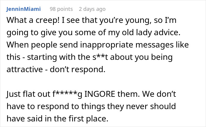 Comment warning about ignoring creepy Airbnb host texts and advice for a worried woman dealing with inappropriate messages.