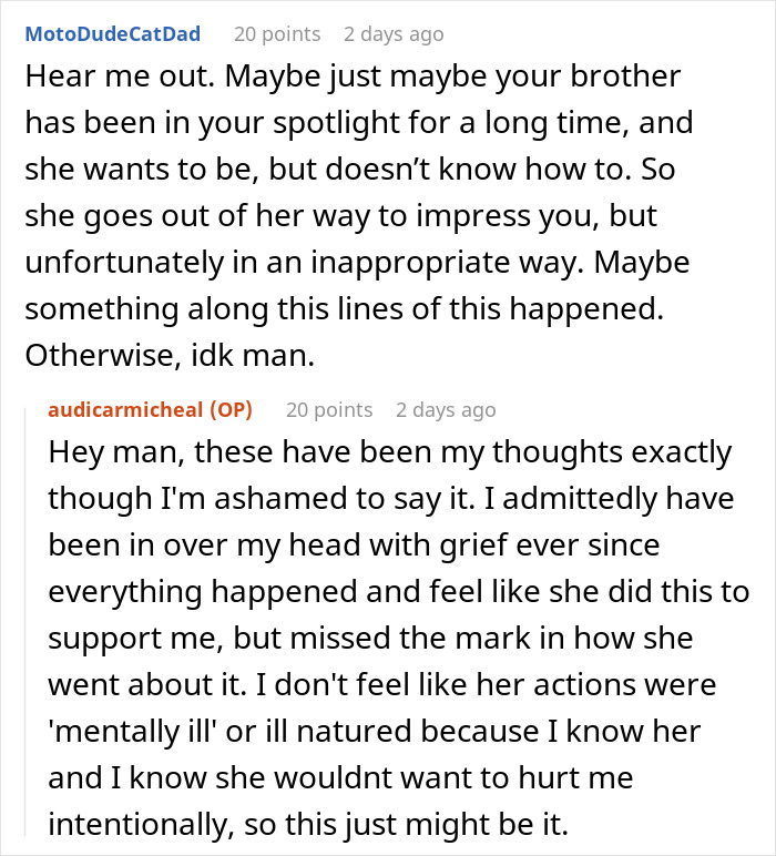Screenshot of a Reddit conversation about a man breaking up with fiancée after she gets tattoo of his late brother’s face. Screenshot of a Reddit conversation about a man breaking up with fiancée after she gets tattoo of his late brother’s face.