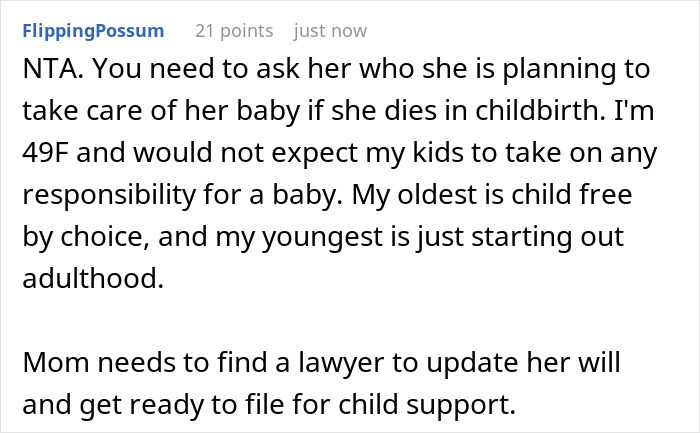 Screenshot of Reddit comment discussing a 46-year-old expecting adult kids to help with baby care and child support advice.