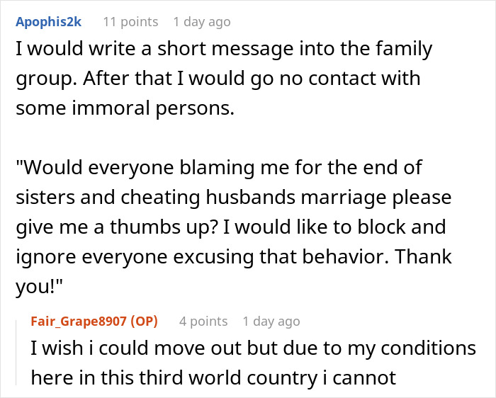 Woman exposing brother-in-law cheating in family group chat sparks divorce discussion online.
