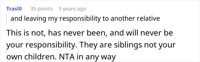 Screenshot of an online comment discussing responsibility and adoption of unwanted siblings by a sister.