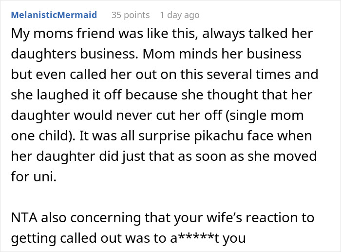 Comment sharing a story about telling wife why daughter doesn't trust, highlighting family boundary issues and reactions.