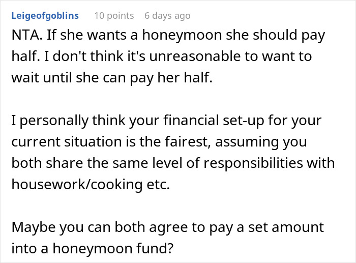 Reddit comment discussing financial fairness in a relationship where no money means no honeymoon is expected.
