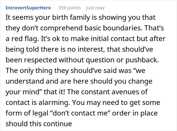 Comment discussing boundaries after a man&rsquo;s birth family tracks him down despite his refusal to reconnect.