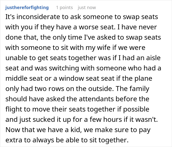 Reddit comment discussing family drama over passenger's paid seat refusal to swap seats during a flight journey.