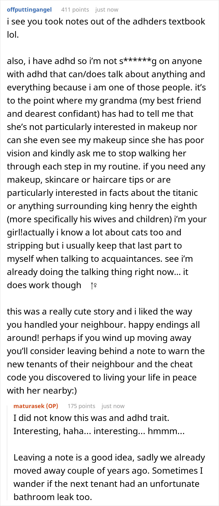 Screenshot of a discussion about ADHD traits and handling nosy neighbor trauma with tips for peaceful living. Screenshot of a discussion about ADHD traits and handling nosy neighbor trauma with tips for peaceful living.