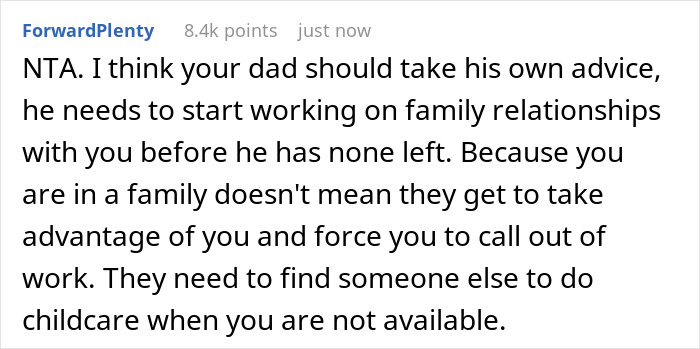 Screenshot of an online comment discussing family relationships and refusing to babysit half siblings unwillingly.