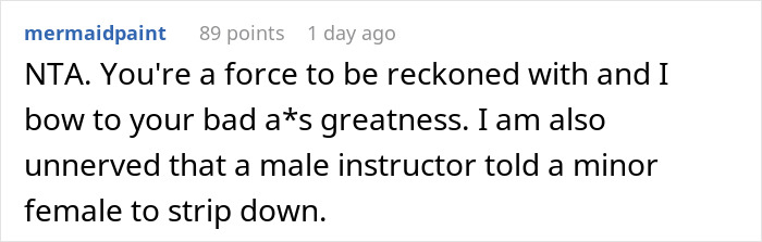 Comment discussing a male swim teacher telling a 10-year-old girl to remove modest swimwear or skip the lesson. Comment discussing a male swim teacher telling a 10-year-old girl to remove modest swimwear or skip the lesson.