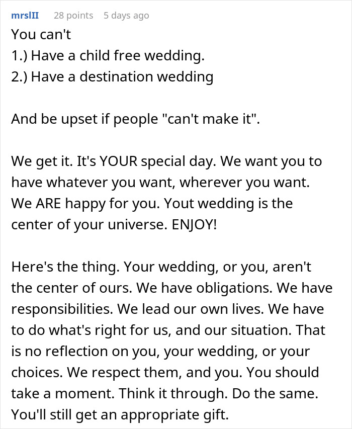 Screenshot of a Reddit comment discussing challenges of having a child-free wedding and guest obligations. Screenshot of a Reddit comment discussing challenges of having a child-free wedding and guest obligations.