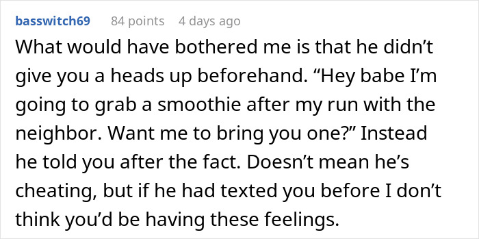 Comment discussing a woman questioning boundaries after husband goes running with divorced mom, mentioning smoothies.