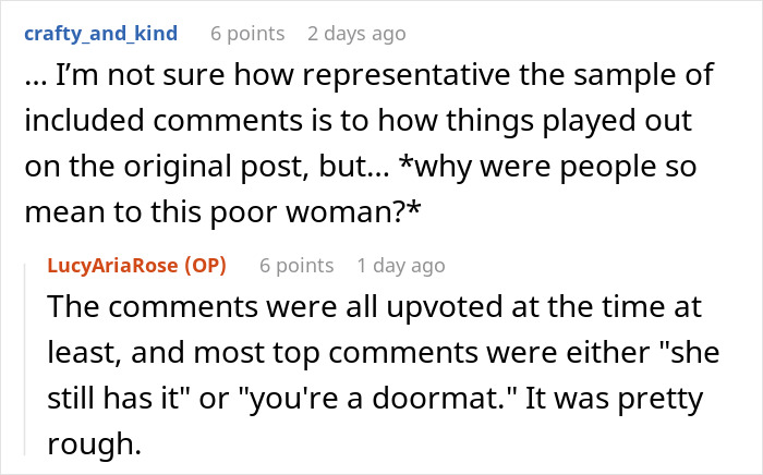 Screenshot of an online discussion about a woman ending her 15-year friendship after a purse fiasco.