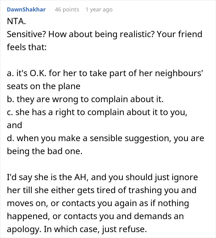 Comment text discussing an obese friend taking part of neighbors' seats on a flight and suggesting buying two seats for comfort.